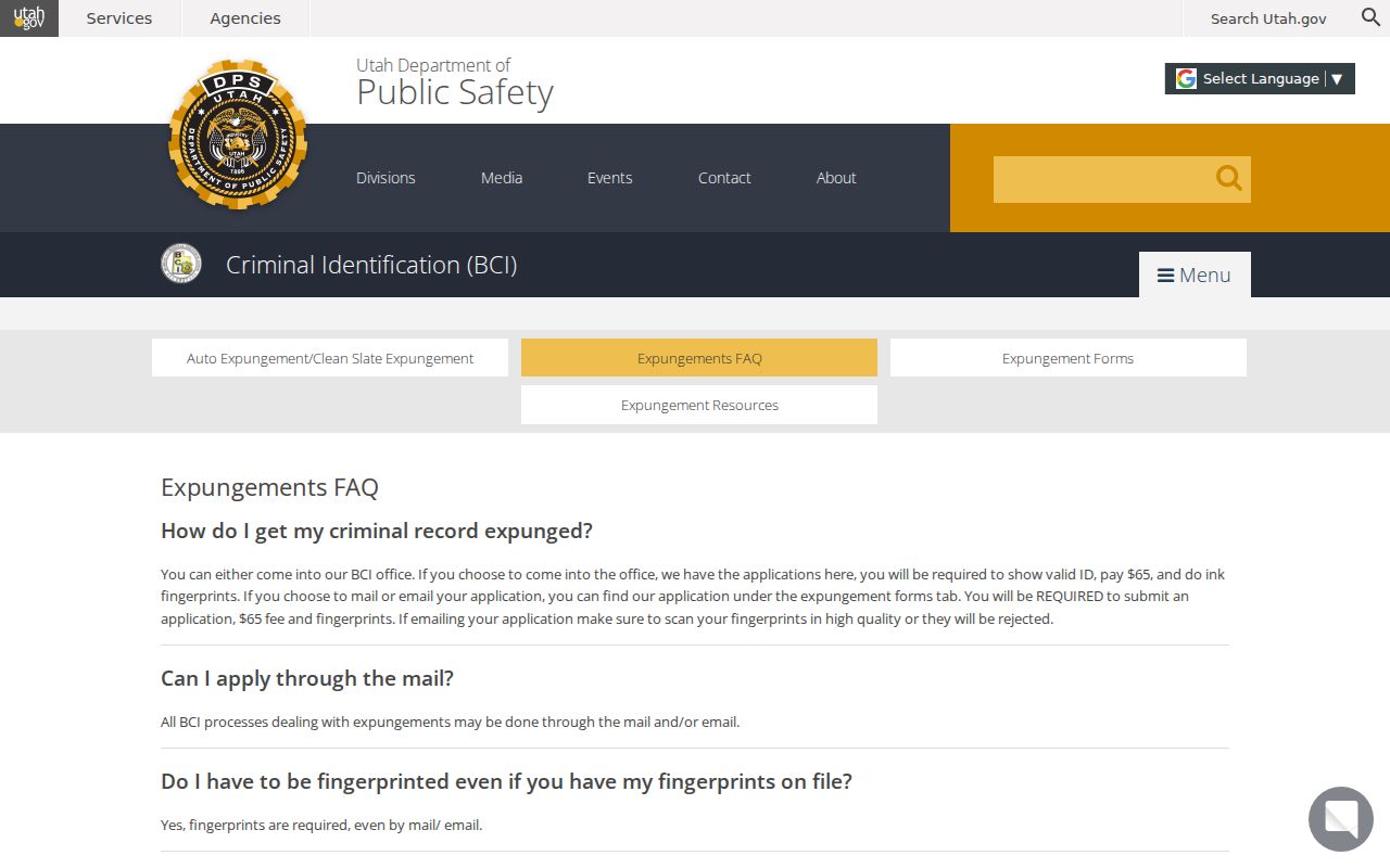 Iron County criminal case expungement answers from Utah BCI