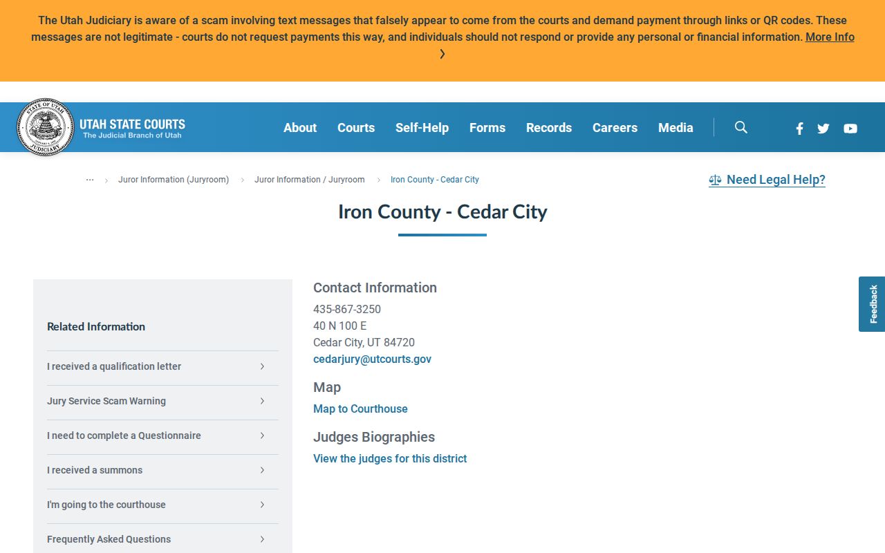 Iron County criminal court contact page for the Cedar City courthouse