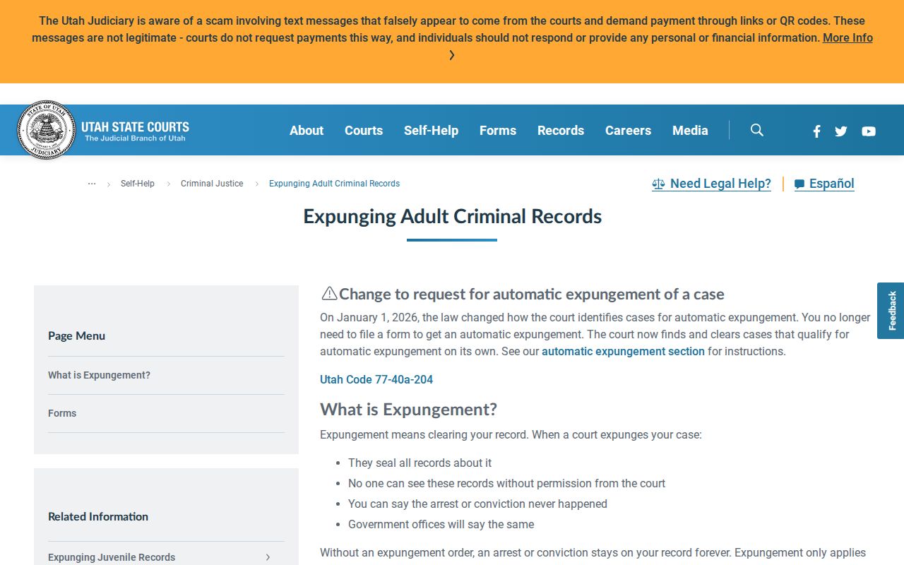 Utah court expungement information related to Iron County registry records