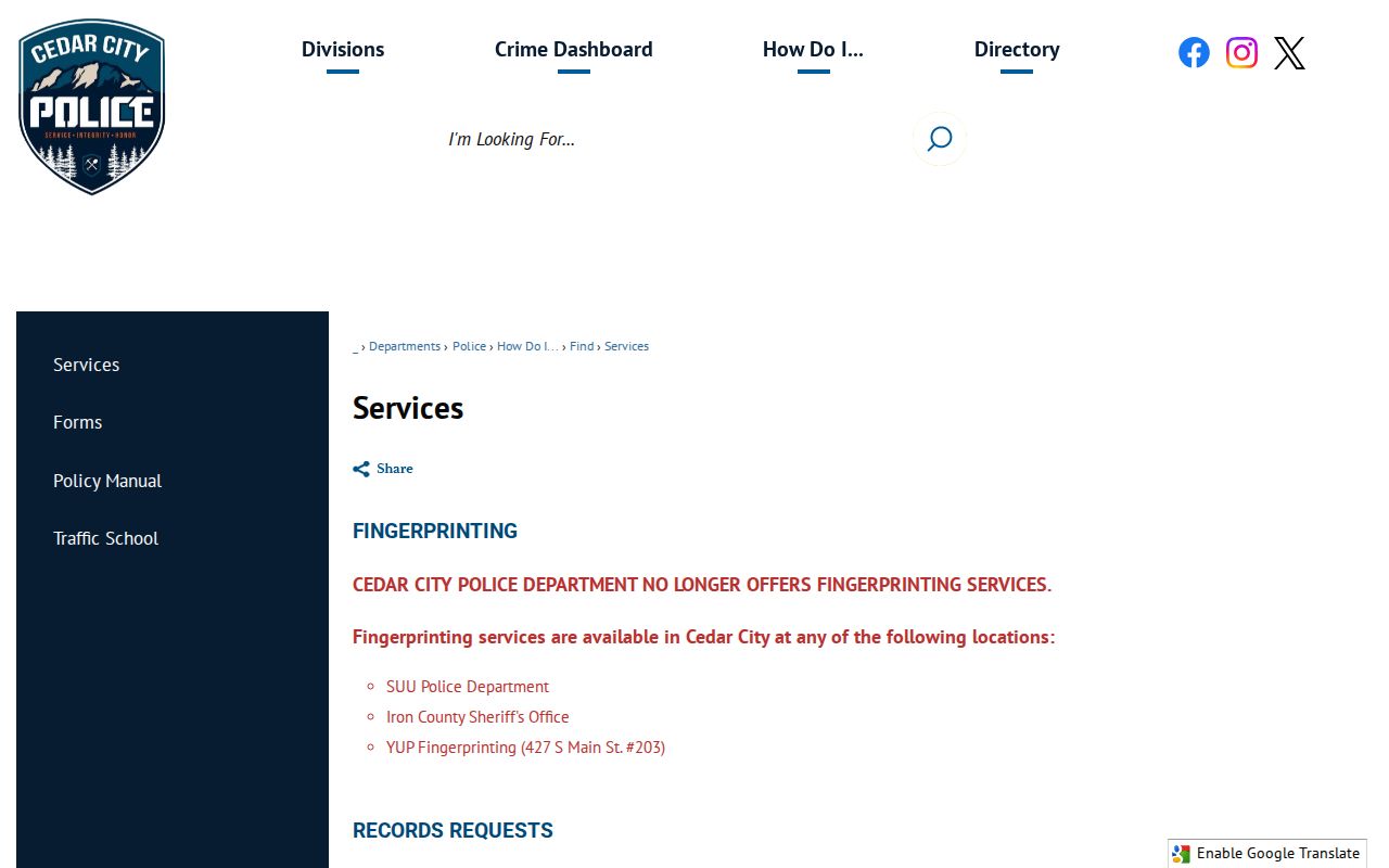 Cedar City criminal records and police support instructions