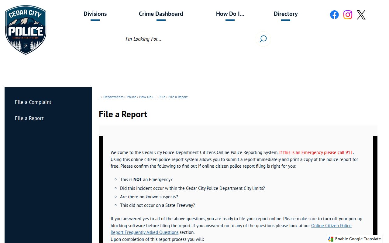 Cedar City criminal incident online reporting choices