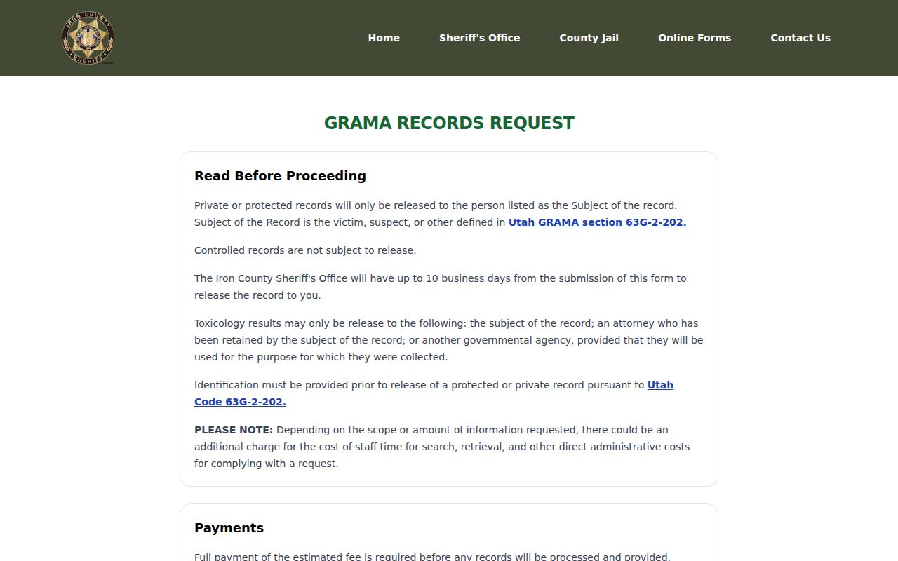 Iron County arrest record GRAMA request form fields