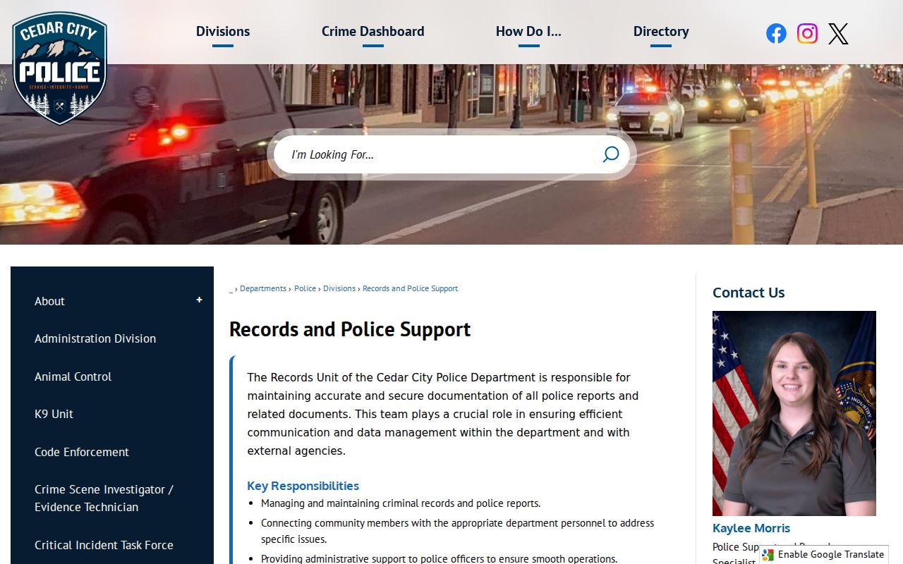 Cedar City criminal records unit and police support routing