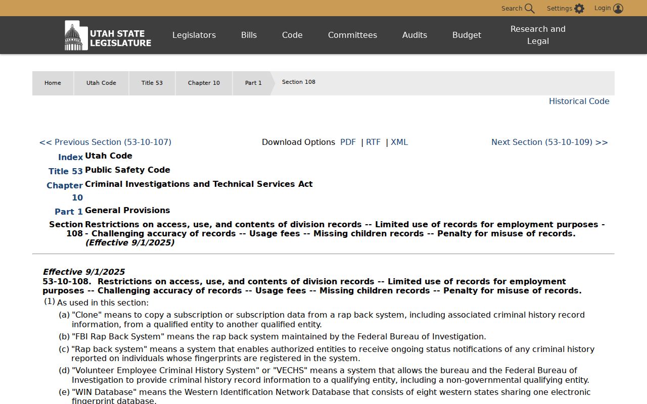 Utah BCI dissemination law for Iron County arrest history