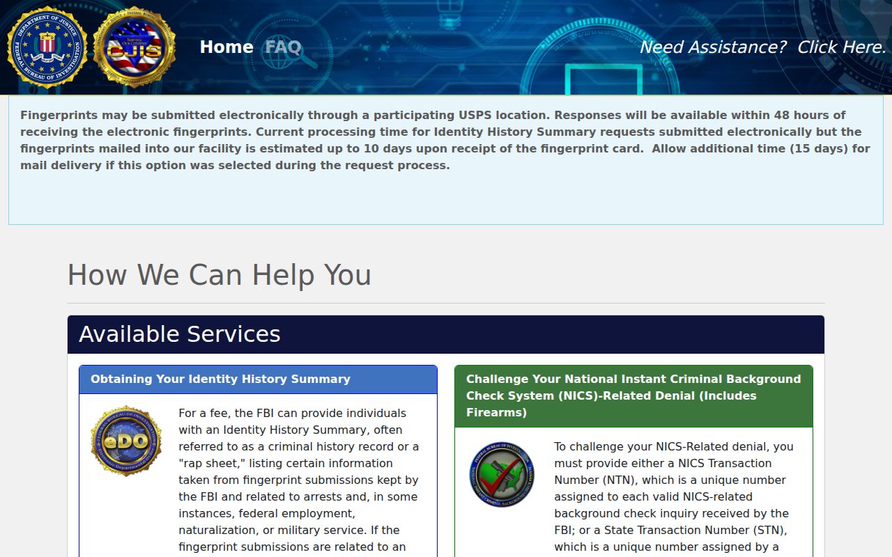 FBI identity history self-review route for Iron County arrest records