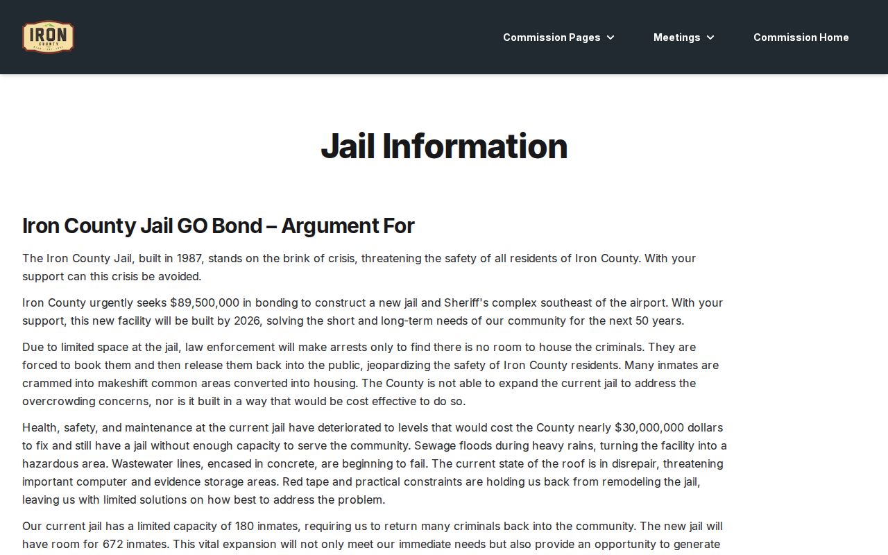 Iron County jail proposal and arrest custody context