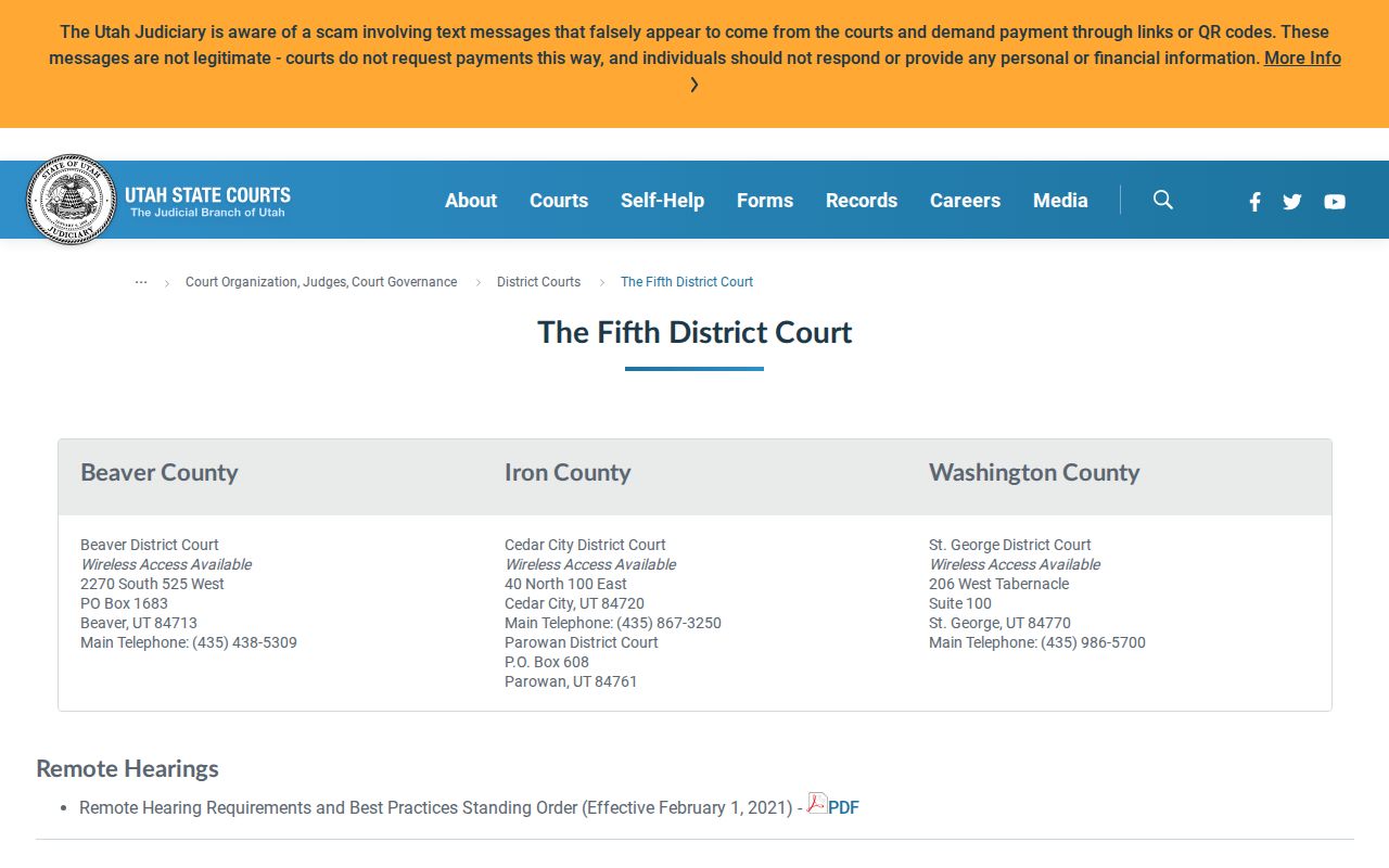 Fifth District Court location for Iron County criminal cases