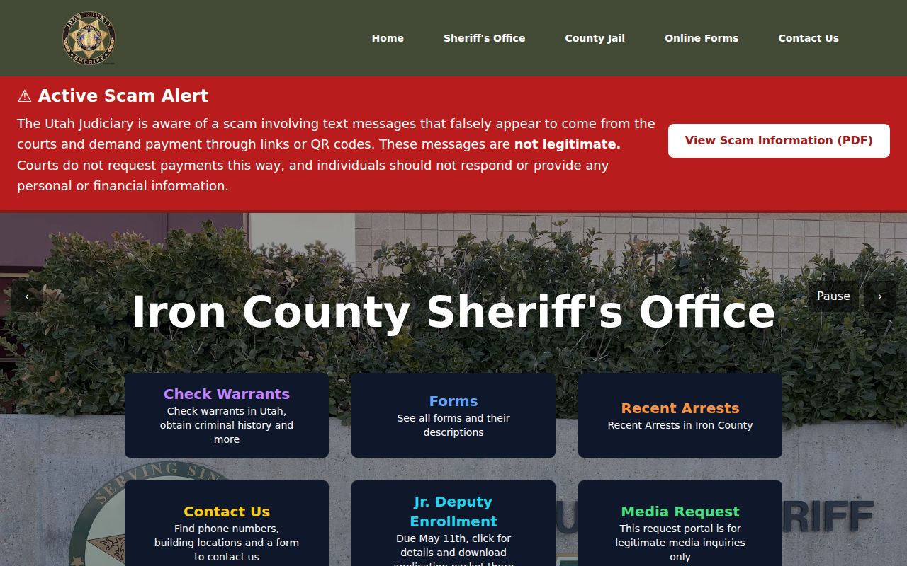 Iron County criminal history links on the sheriff website